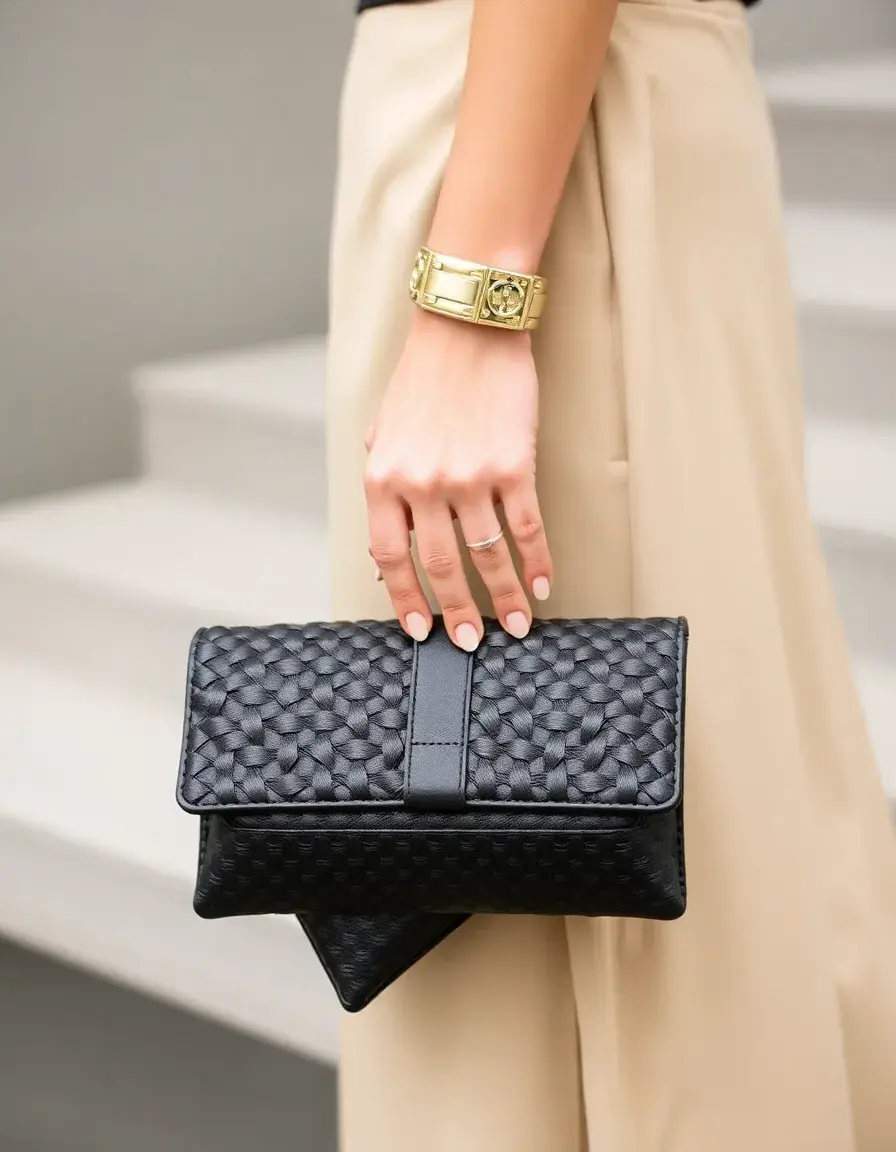 Elegante clutch nera in pelle intrecciata per occasioni formali