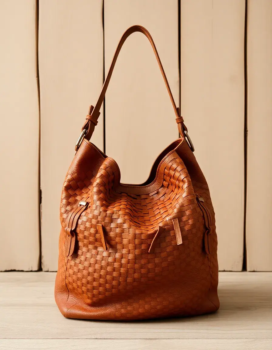 Borsa hobo morbida in pelle intrecciata color terra