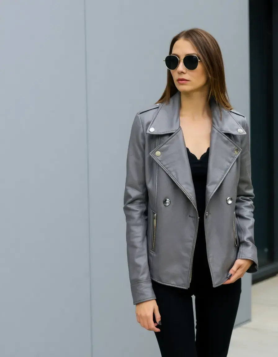 Giacca in pelle grigia moderna design minimalista