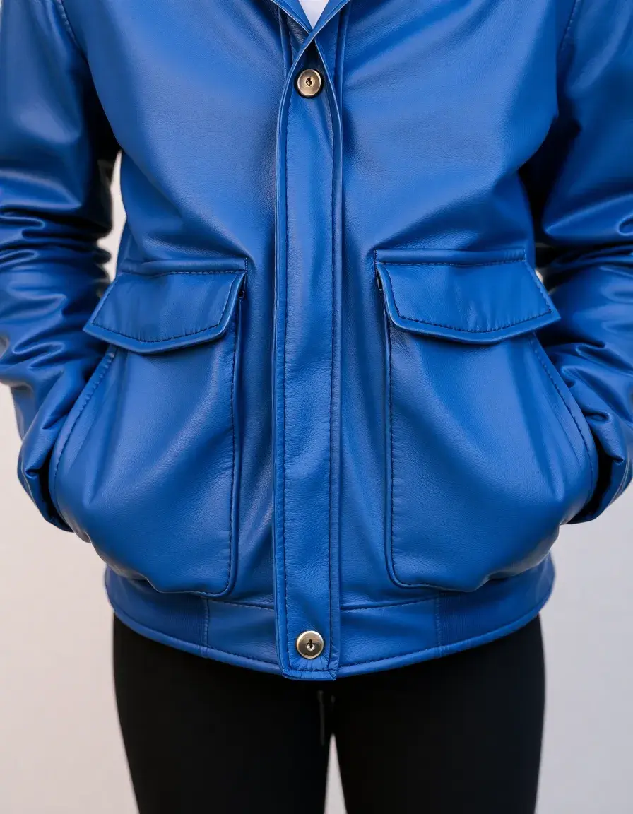 Giacca in pelle blu sportiva con tasche