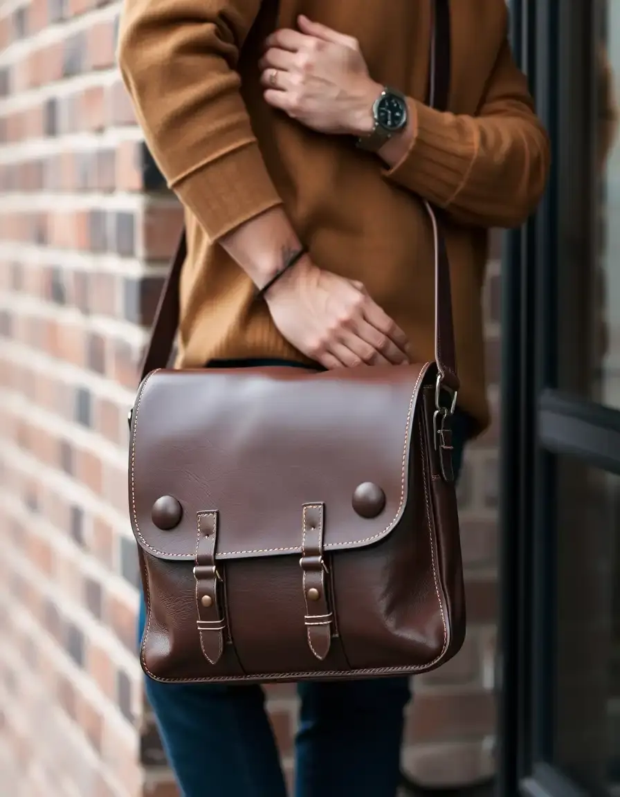 Men's Leather Messenger Bag marrone in vera pelle