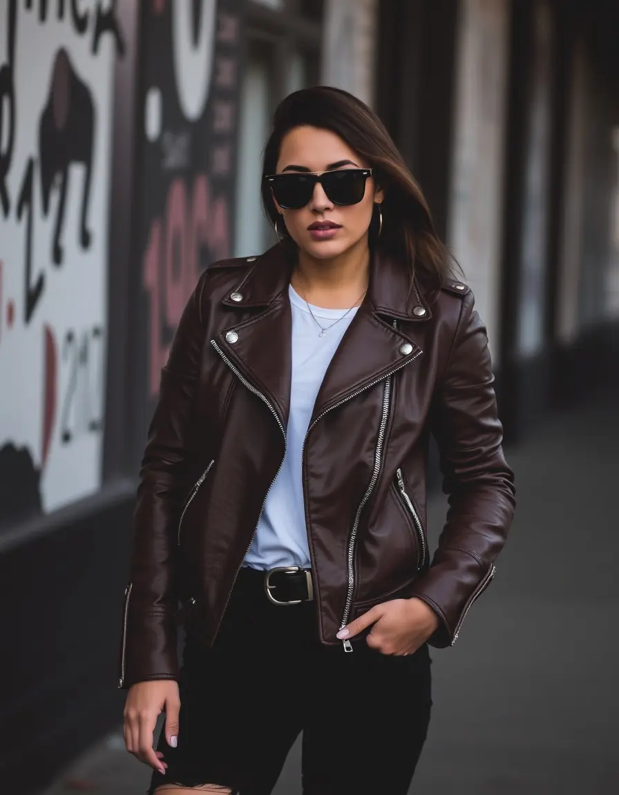 Giacca moto in pelle marrone con borchie