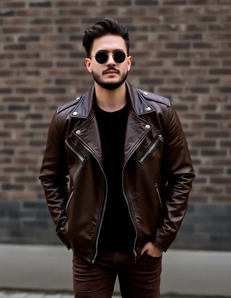 Giacca pelle moto marrone stile minimal