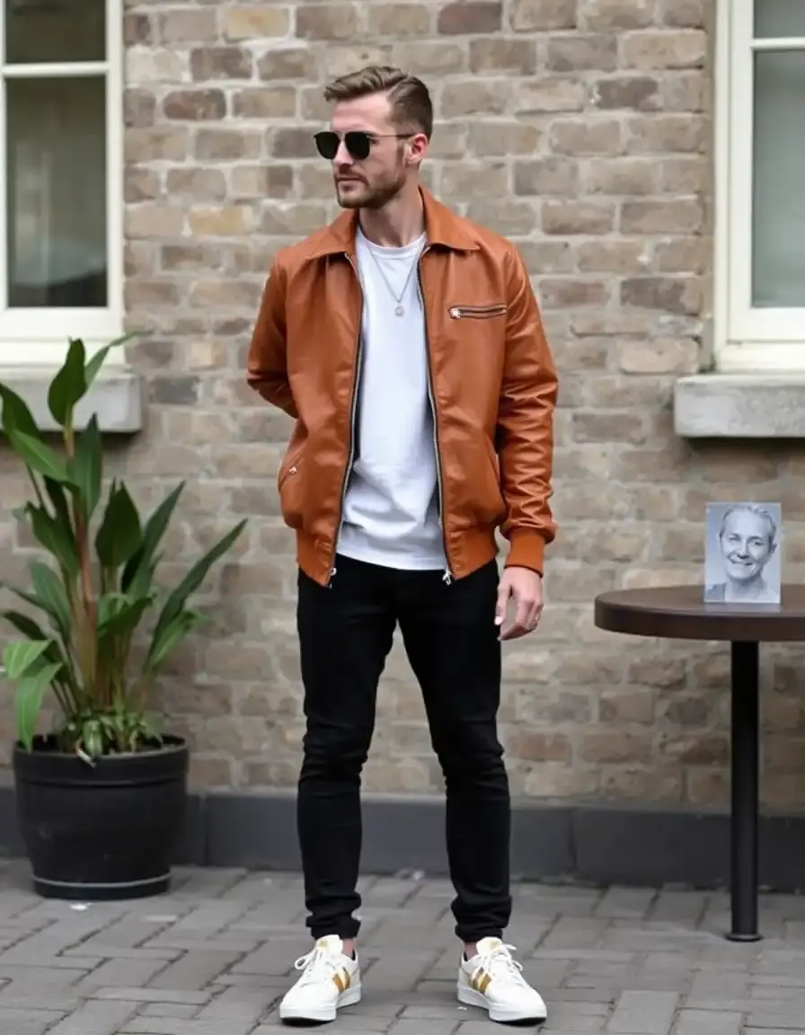 Giacca pelle bomber color cuoio con bordi elastici