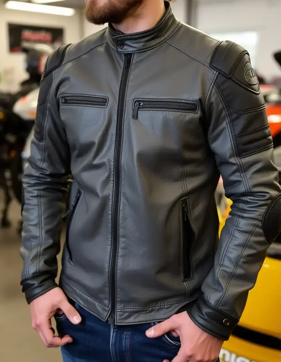 Giacca racing moto in pelle grigia