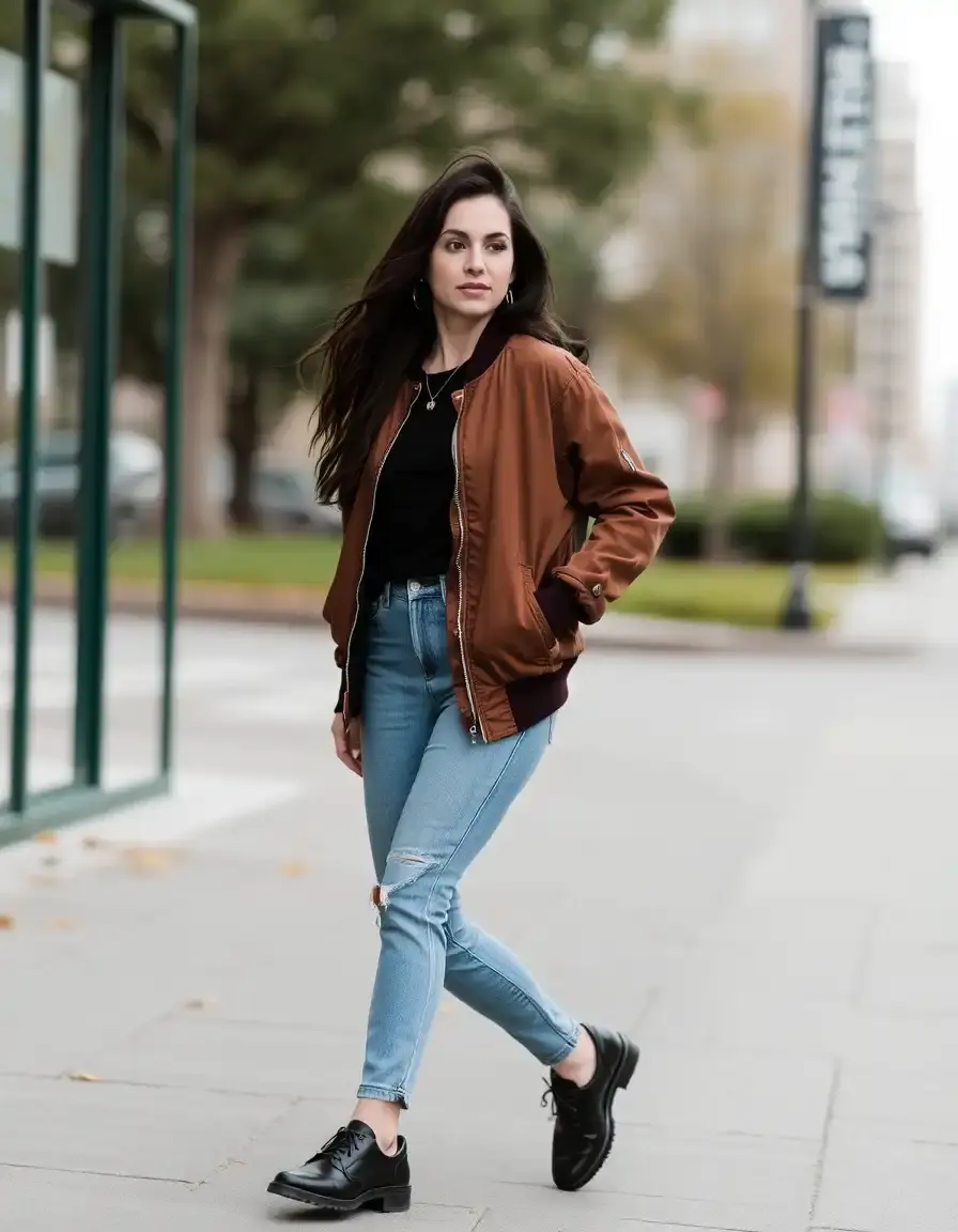 Bomber in pelle marrone da donna stile casual raffinato