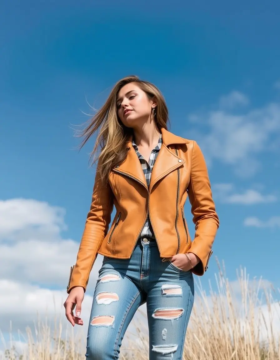 Giacca moto in pelle color cuoio chiaro da donna