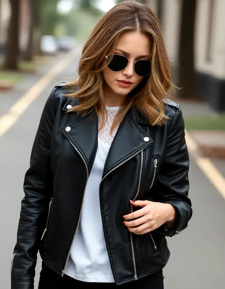 Giacca pelle donna modello biker nero classico con zip