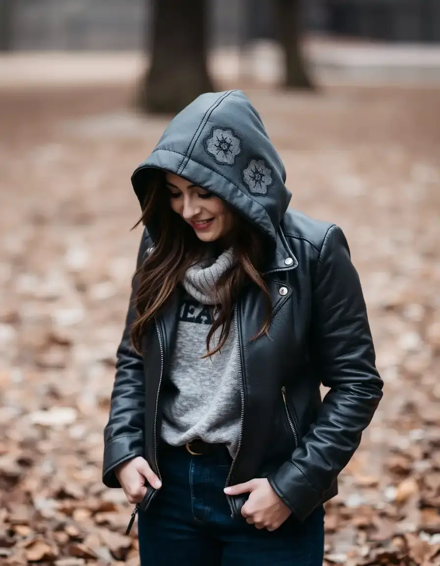 Giacca pelle donna grigia con cappuccio stile casual