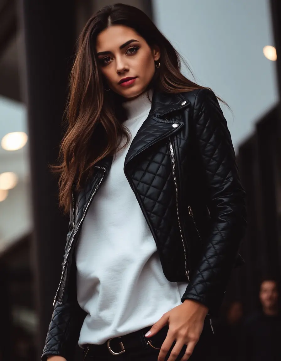 Giacca pelle nera trapuntata stile elegante