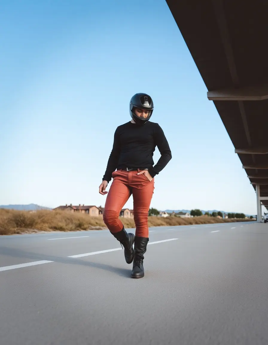Pantaloni pelle stile moto marrone scuro rinforzati