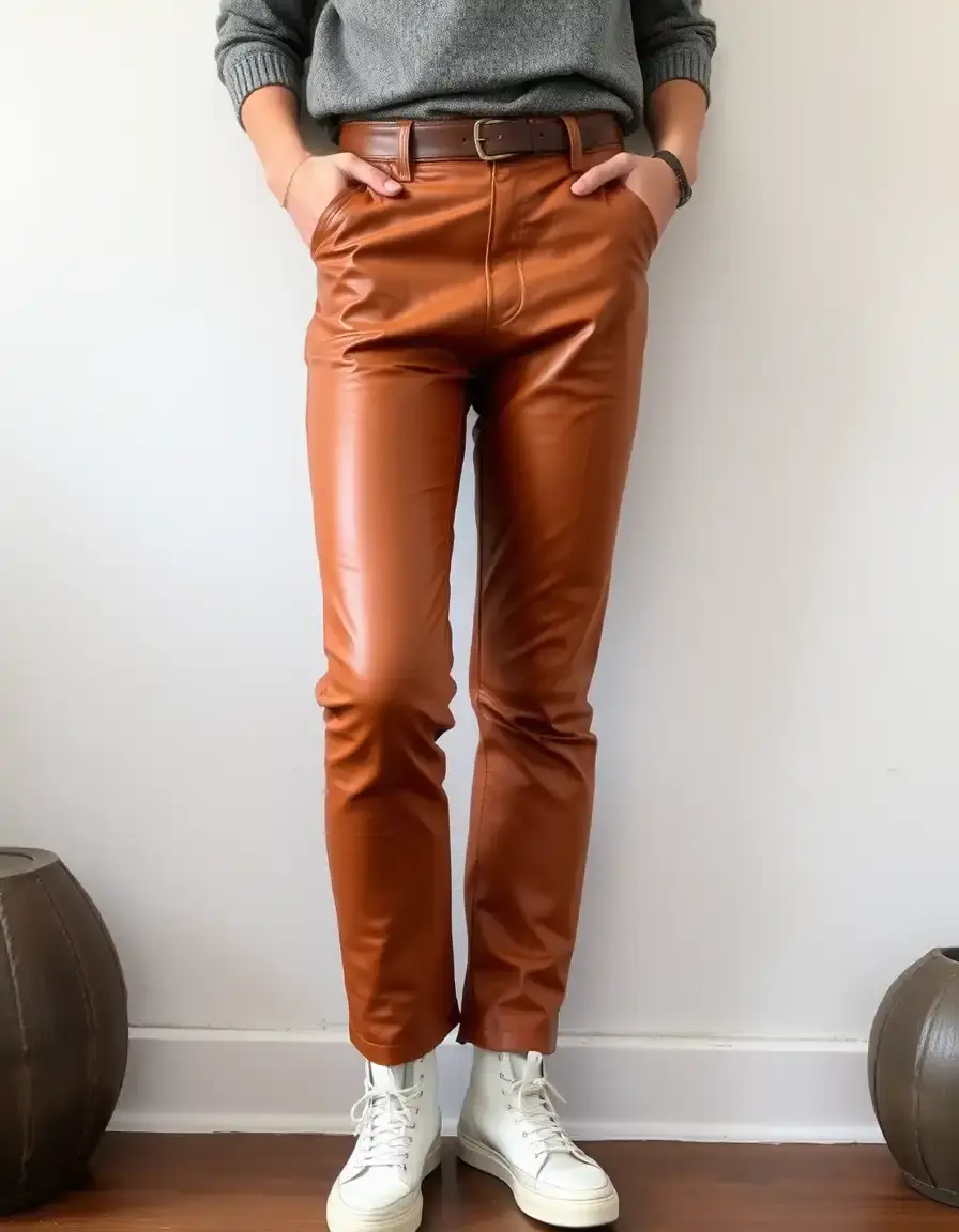 Pantaloni pelle vintage color tan effetto invecchiato