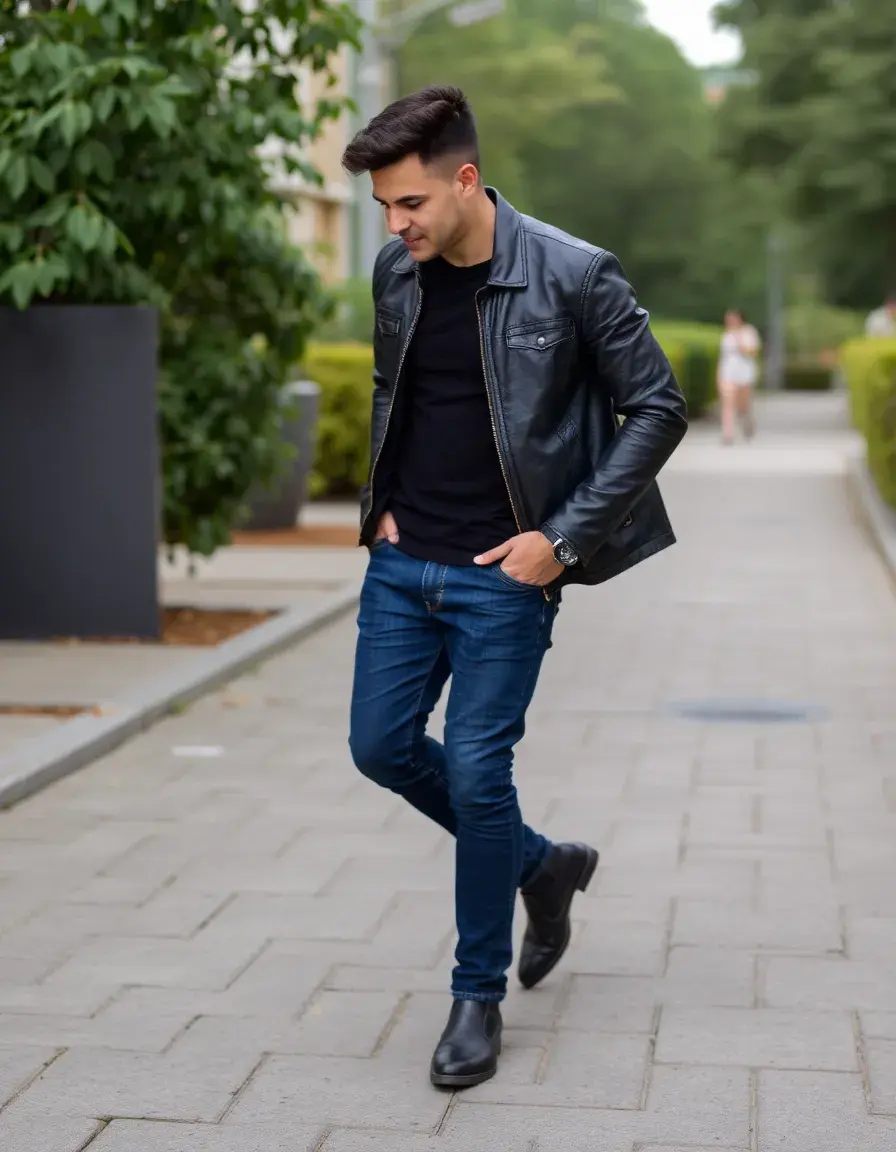 Giacca in pelle nera casual da uomo