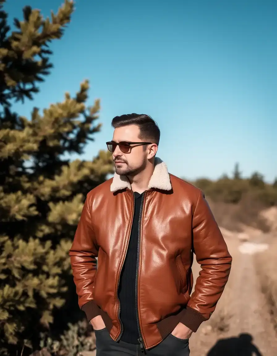 Bomber in pelle uomo marrone scuro stile aviazione