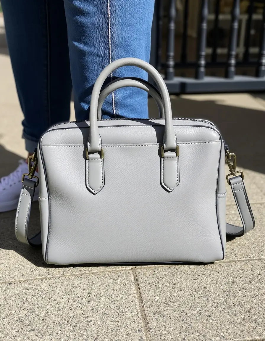 Borsa satchel grigia in pelle con chiusura metallica classica