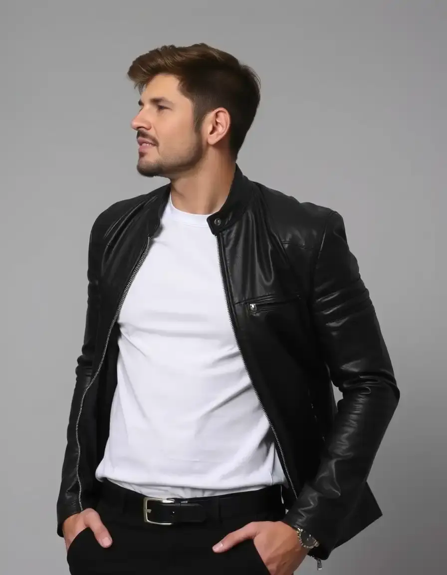Giacca pelle uomo slim black vista laterale stile moderno