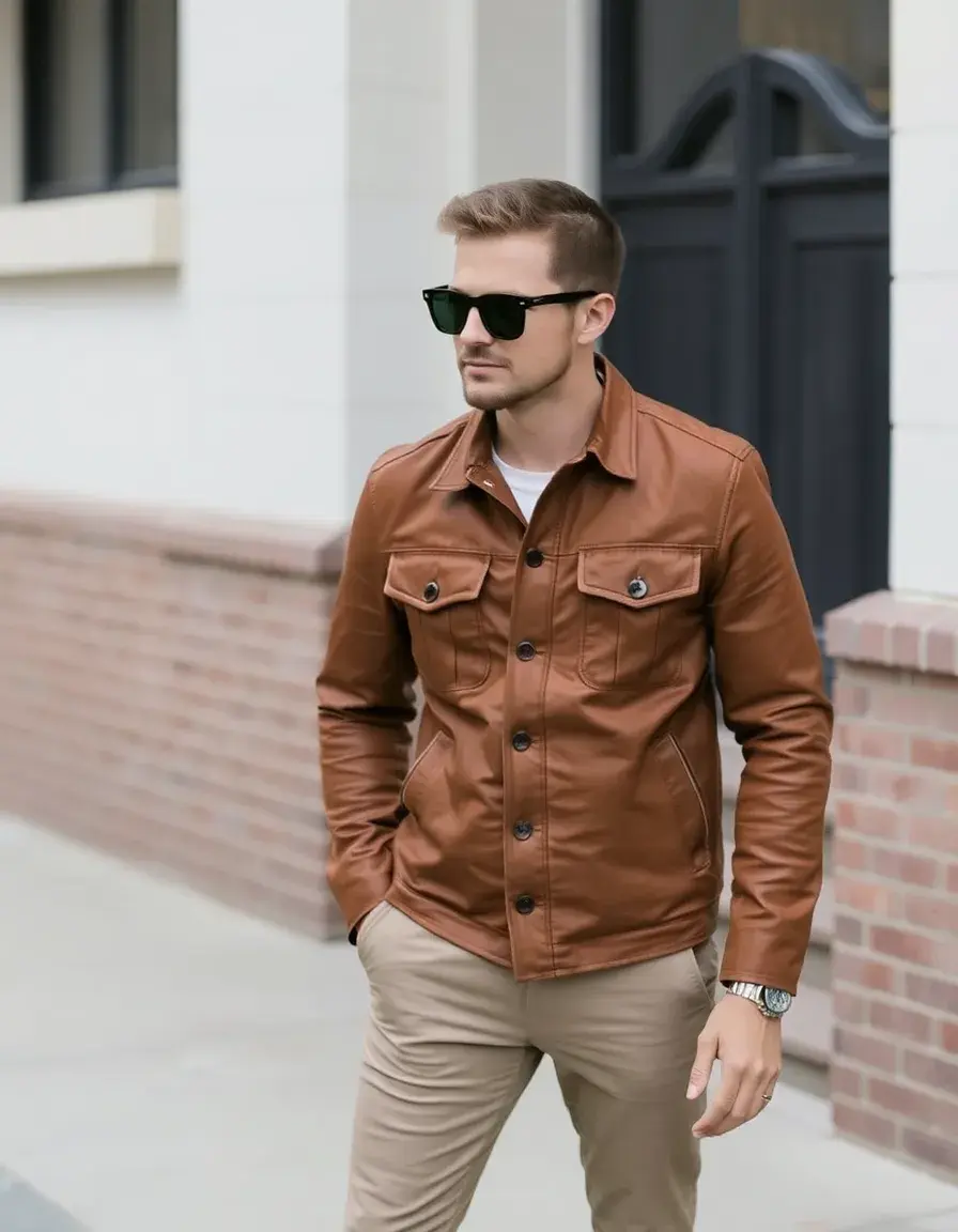 Giacca pelle uomo field tan multitasche