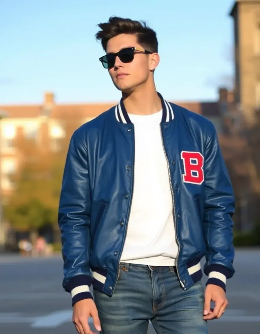 Giacca pelle uomo varsity blu stile college