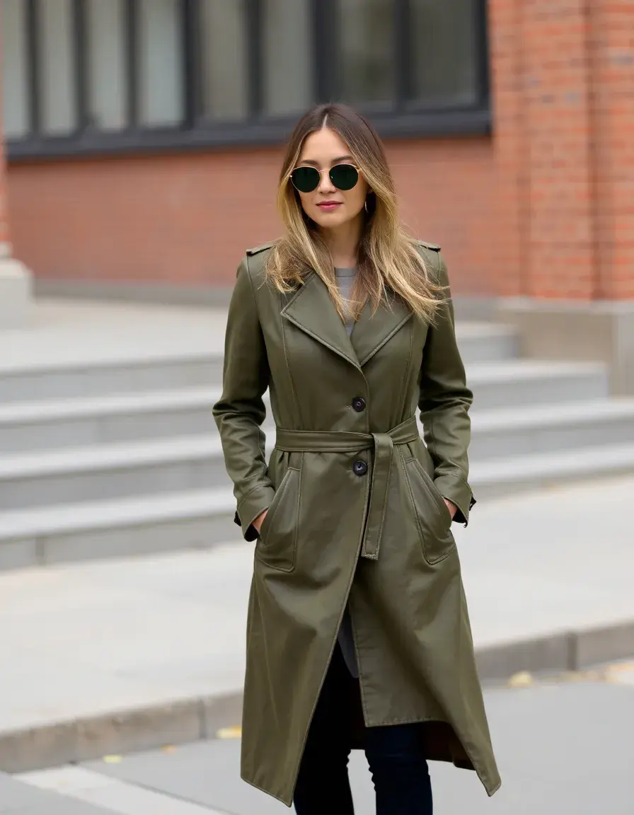 Giacca pelle uomo trench lungo verde oliva