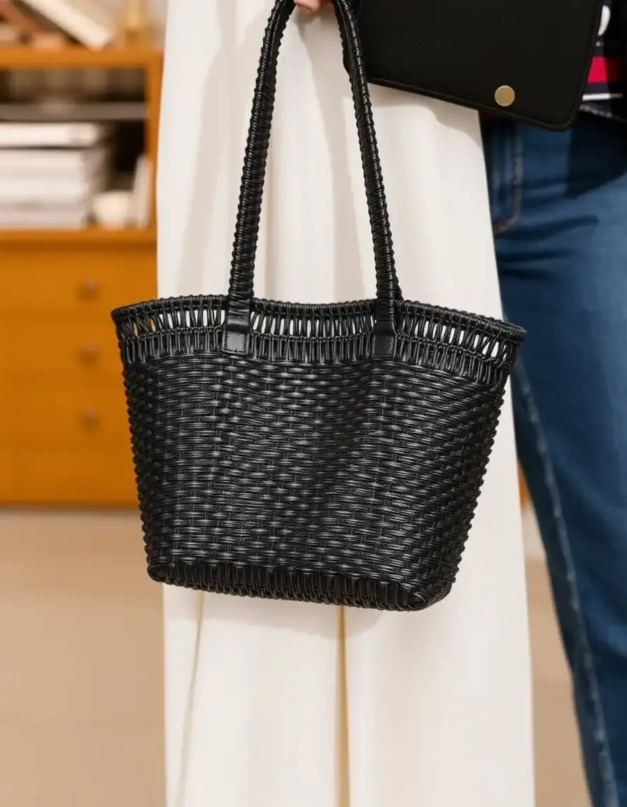 Tote bag in pelle nera intrecciata capiente