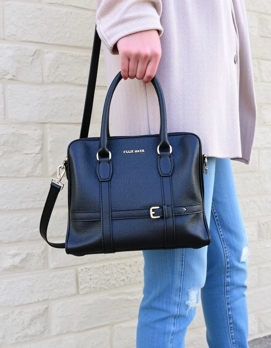 Borsa satchel in pelle nera stile vintage con fibbie