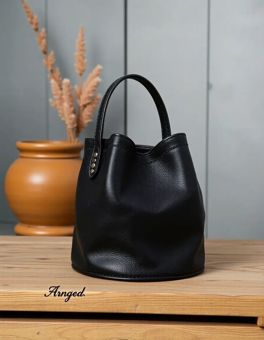 Borsa a secchiello in pelle nera con chiusura a coulisse