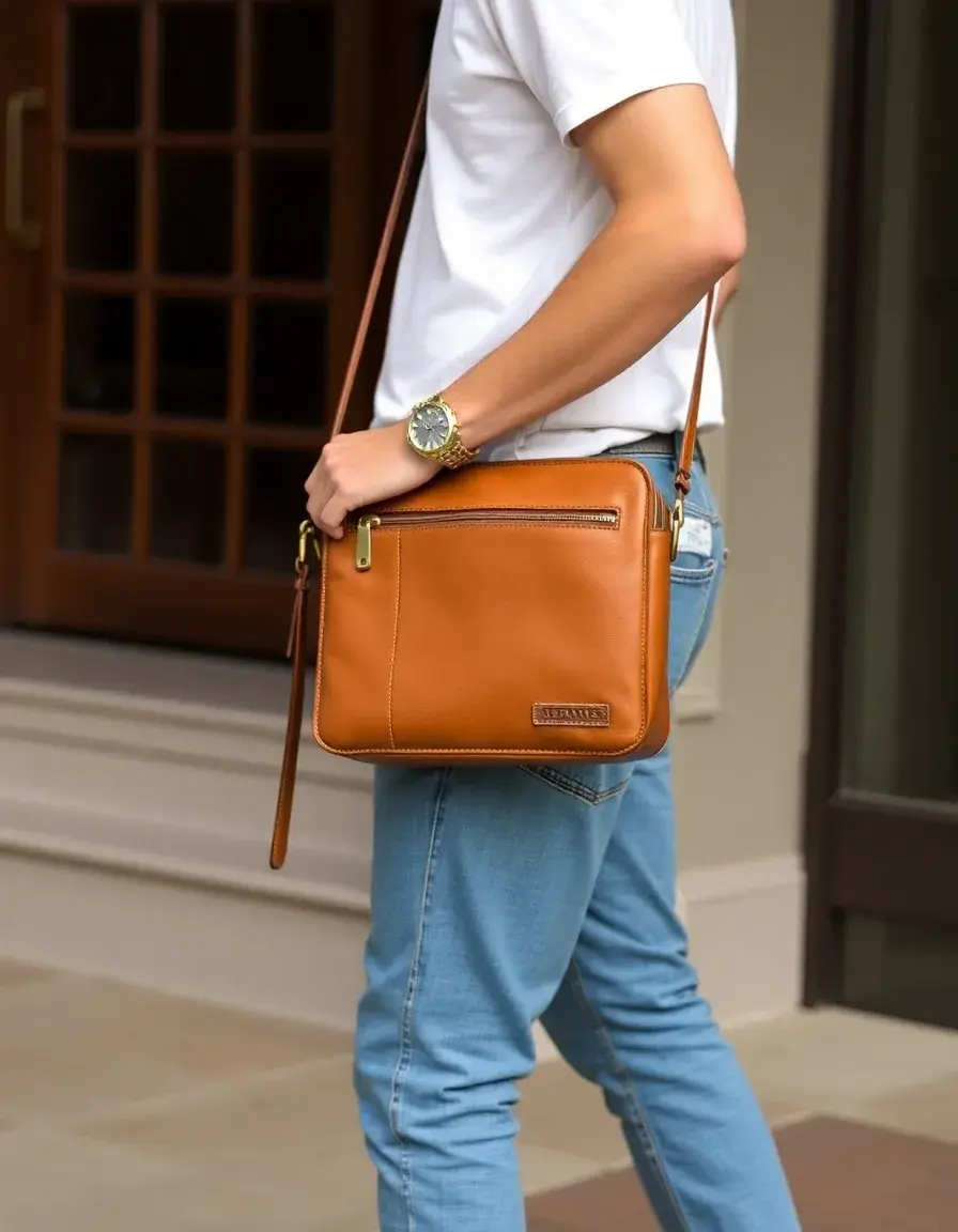 Borsa a tracolla uomo pelle color cuoio