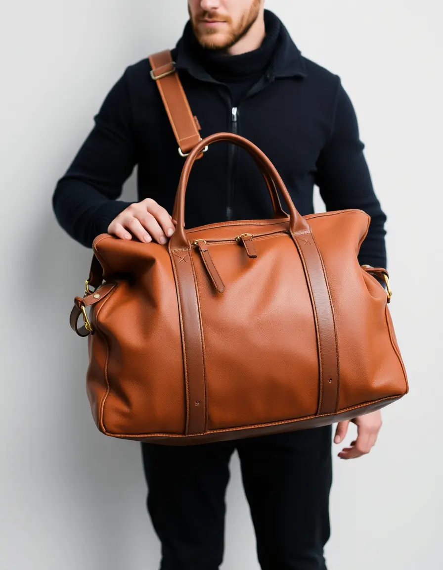 Borsa da viaggio uomo in pelle marrone scuro con manici rinforzati