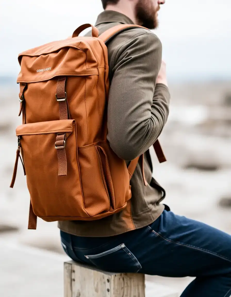 Zaino uomo in pelle color cuoio con tasche esterne