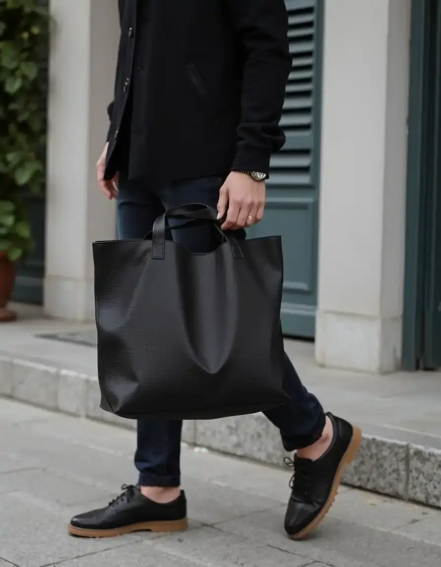 Borsa tote uomo in pelle nera spaziosa e minimal