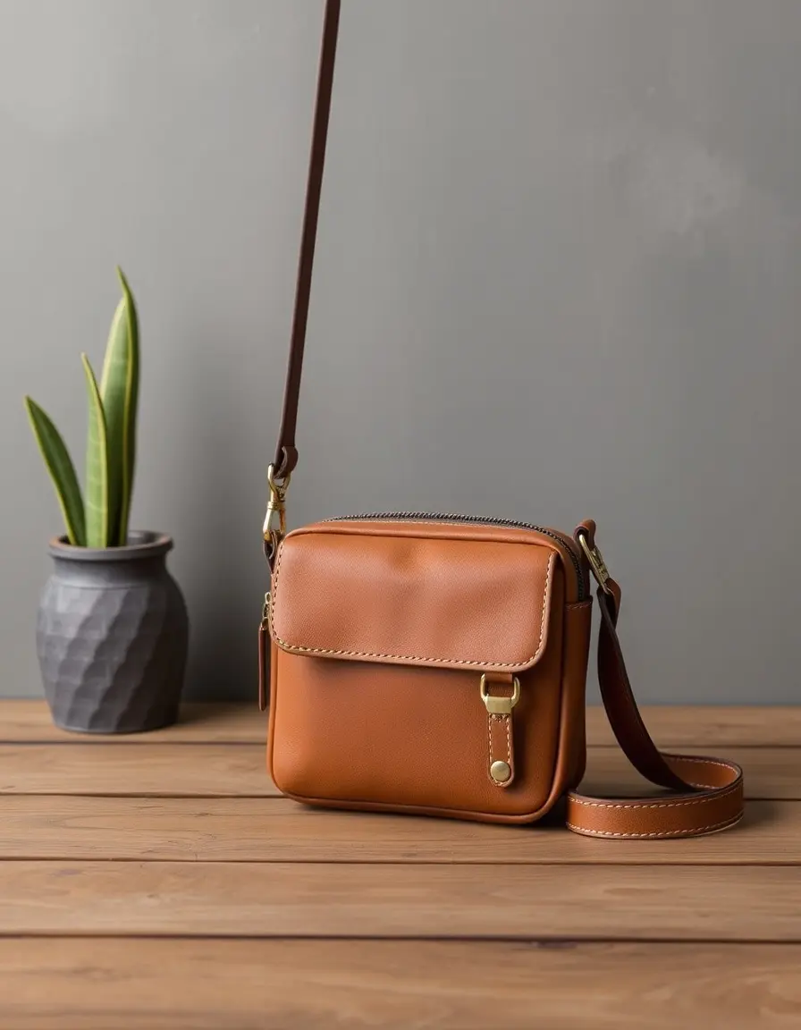 Piccola borsa a tracolla uomo in pelle color cuoio