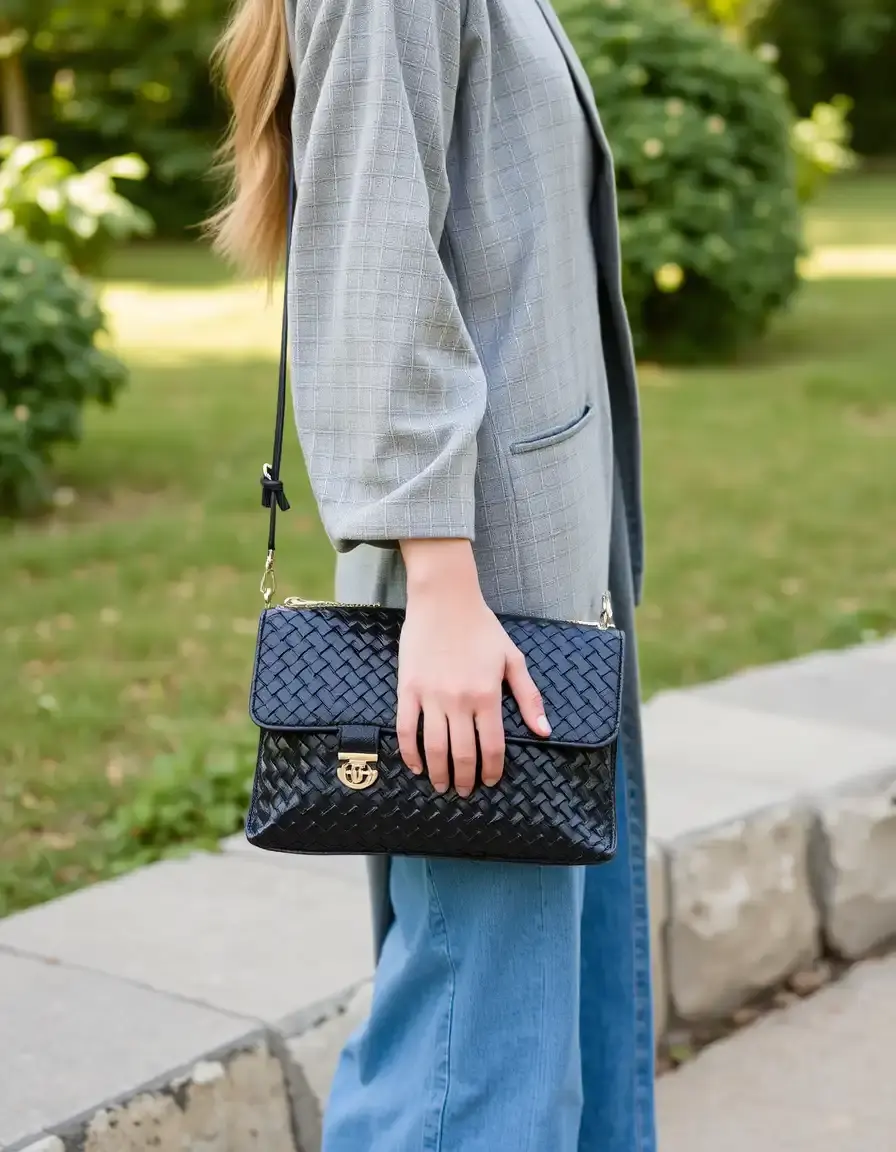 Pochette elegante in pelle intrecciata nera