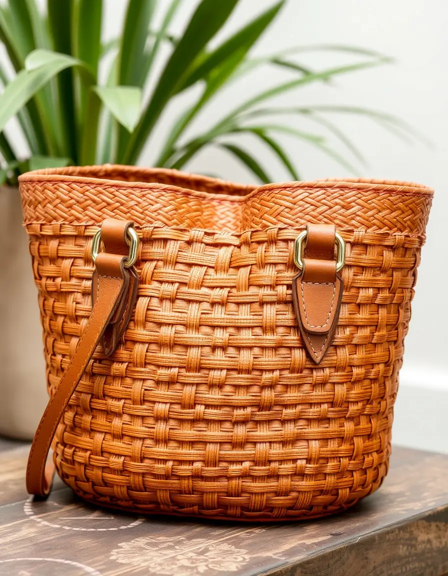 Borsa a secchiello in pelle intrecciata color cuoio