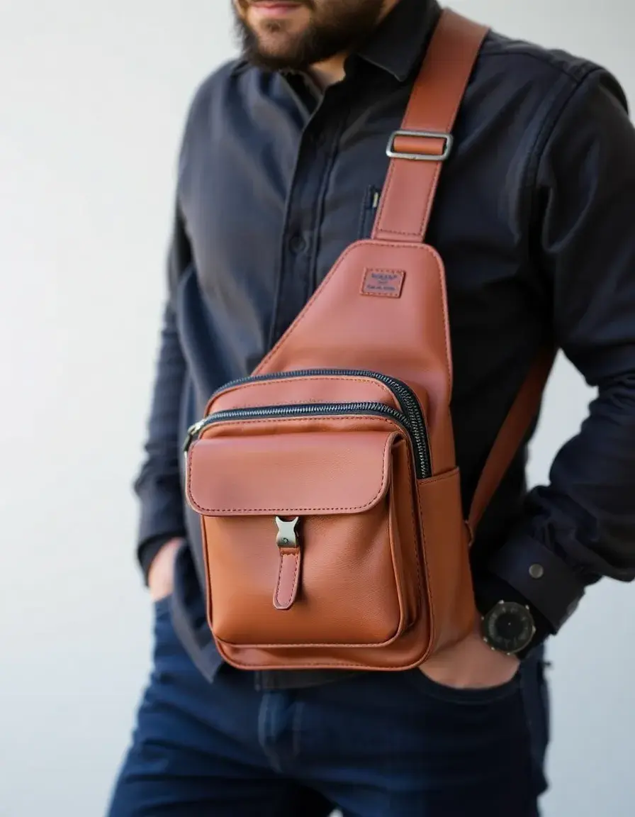 Sling pouch in pelle color cuoio da uomo