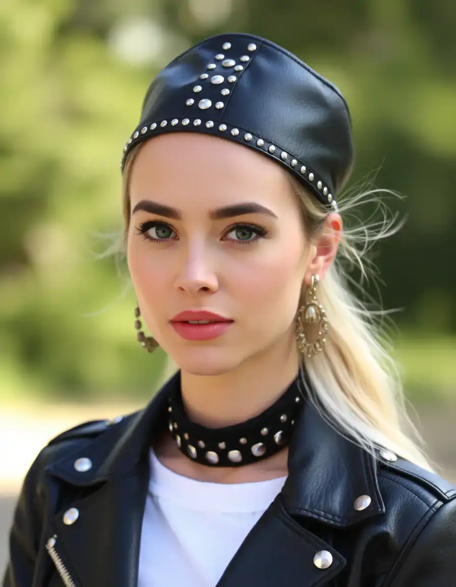 Donna indossa un chiodo in pelle nera con borchie stile rock