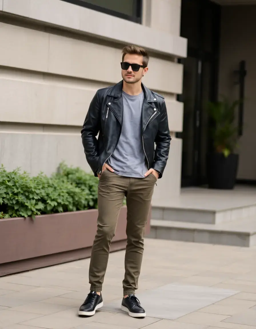 Chiodo nero casual in pelle