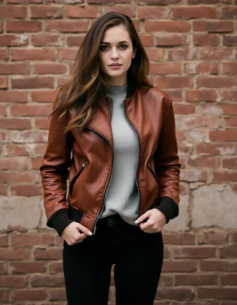 Giacca bomber in pelle marrone da donna stile urban vintage