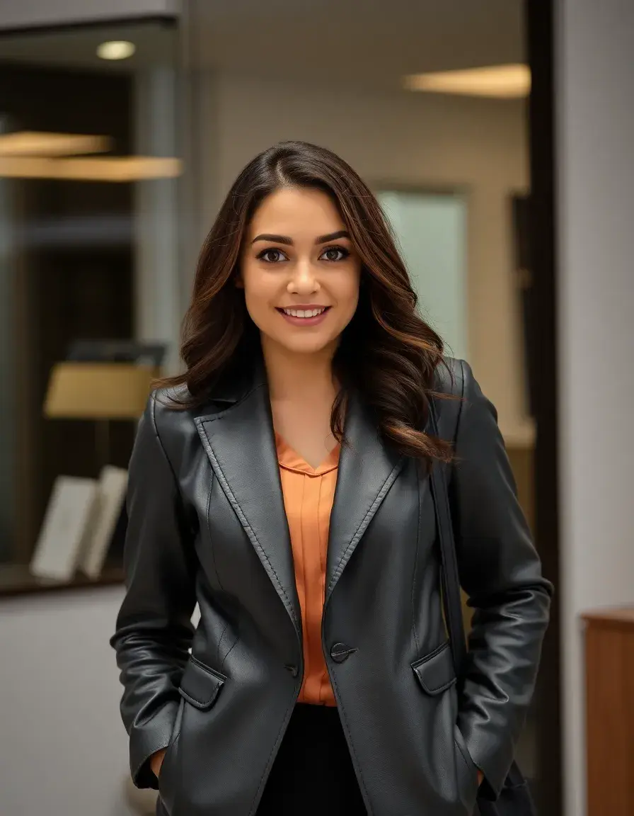 Elegante blazer in pelle grigia da ufficio per donna