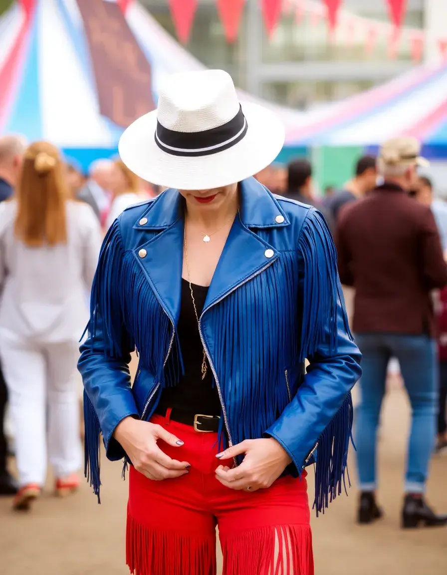 Giacca di pelle blu con frange stile festival