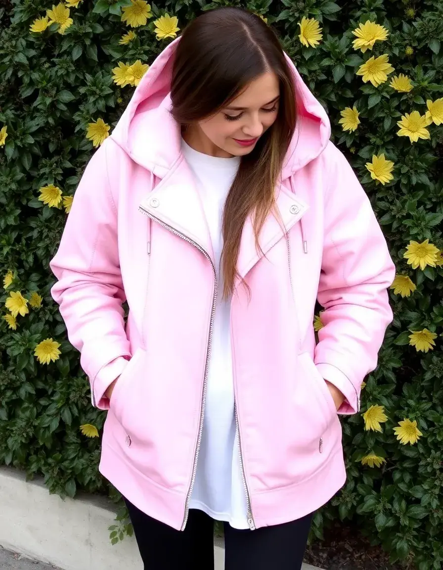 Giacca di pelle rosa con cappuccio dallo stile carino