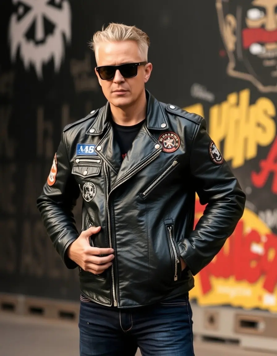 Giacca da motociclista in pelle nera con patch stile vintage