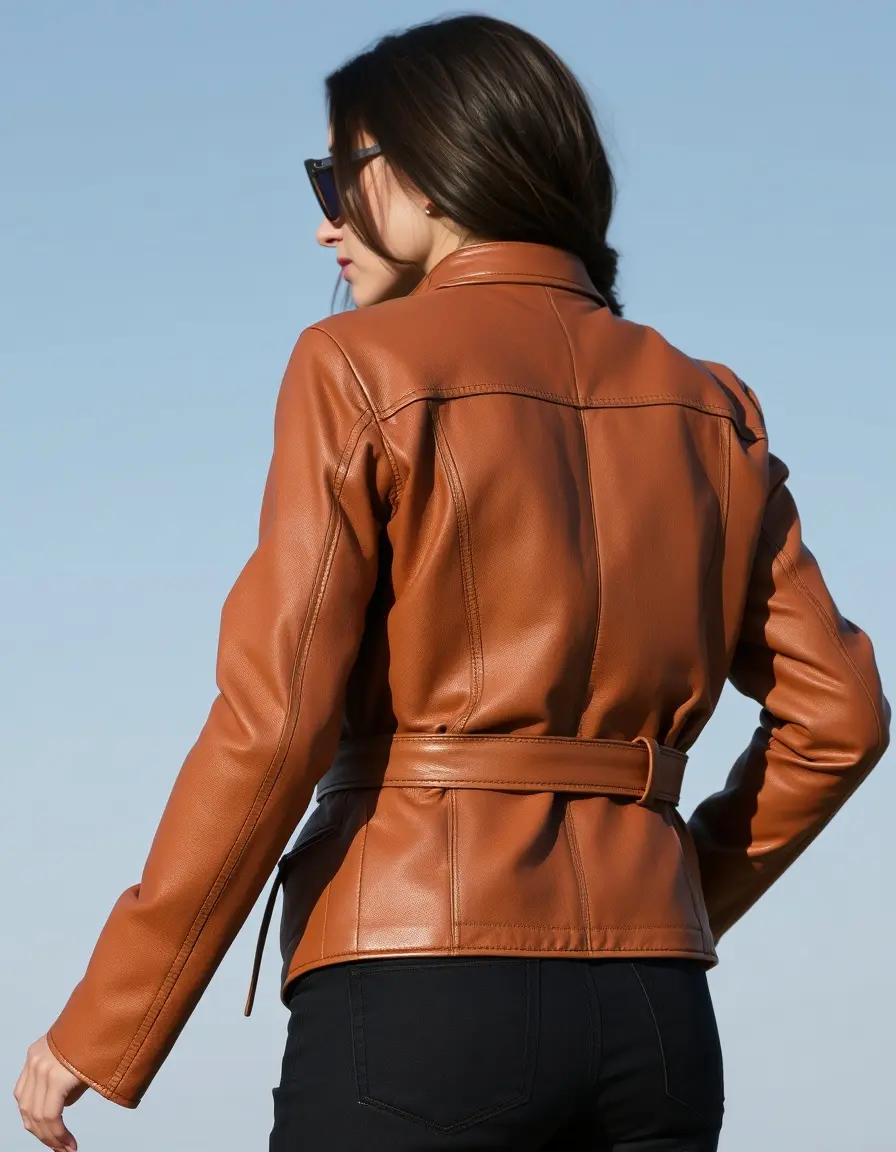 Giacca moto donna pelle marrone stile vintage con cintura