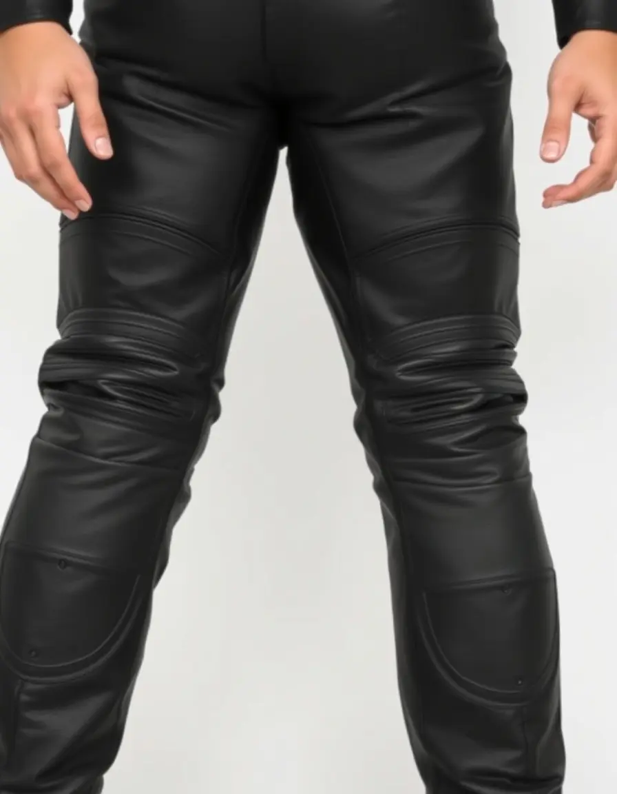 Pantaloni moto in pelle nera con protezioni ginocchia