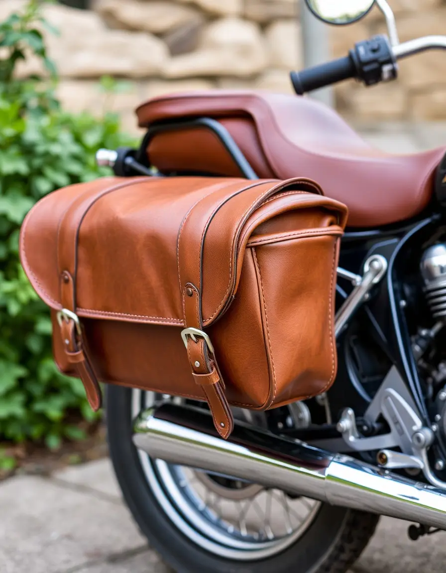 Borse laterali moto in pelle marrone montate su moto