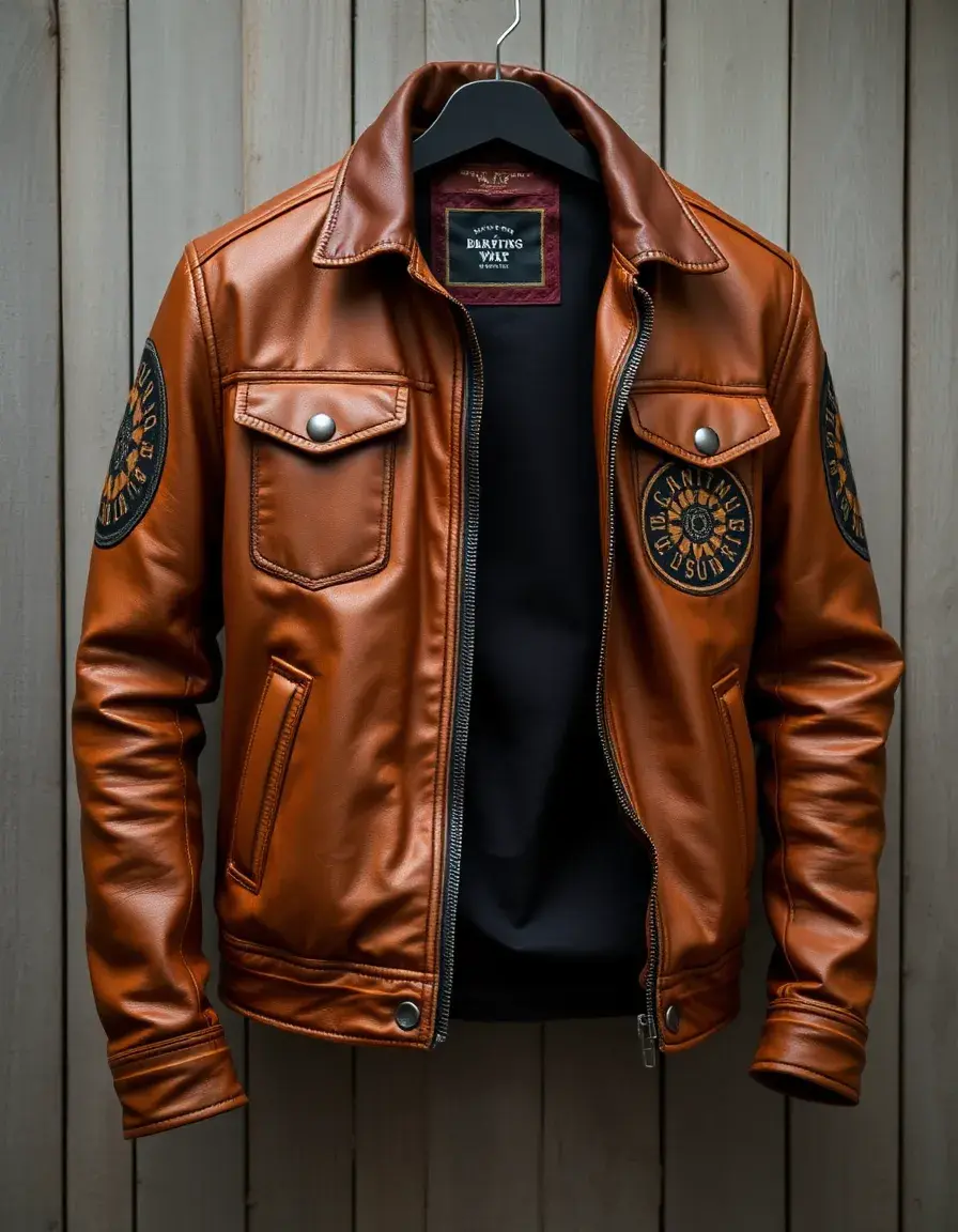 Giacca moto pelle vintage marrone stile retrò con patch