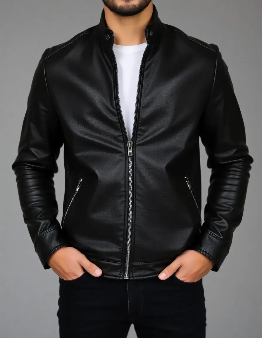 Giacca pelle nera uomo slim fit con zip