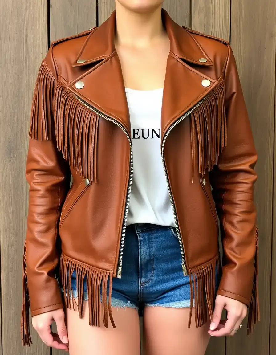 Giacca pelle marrone con frange stile western