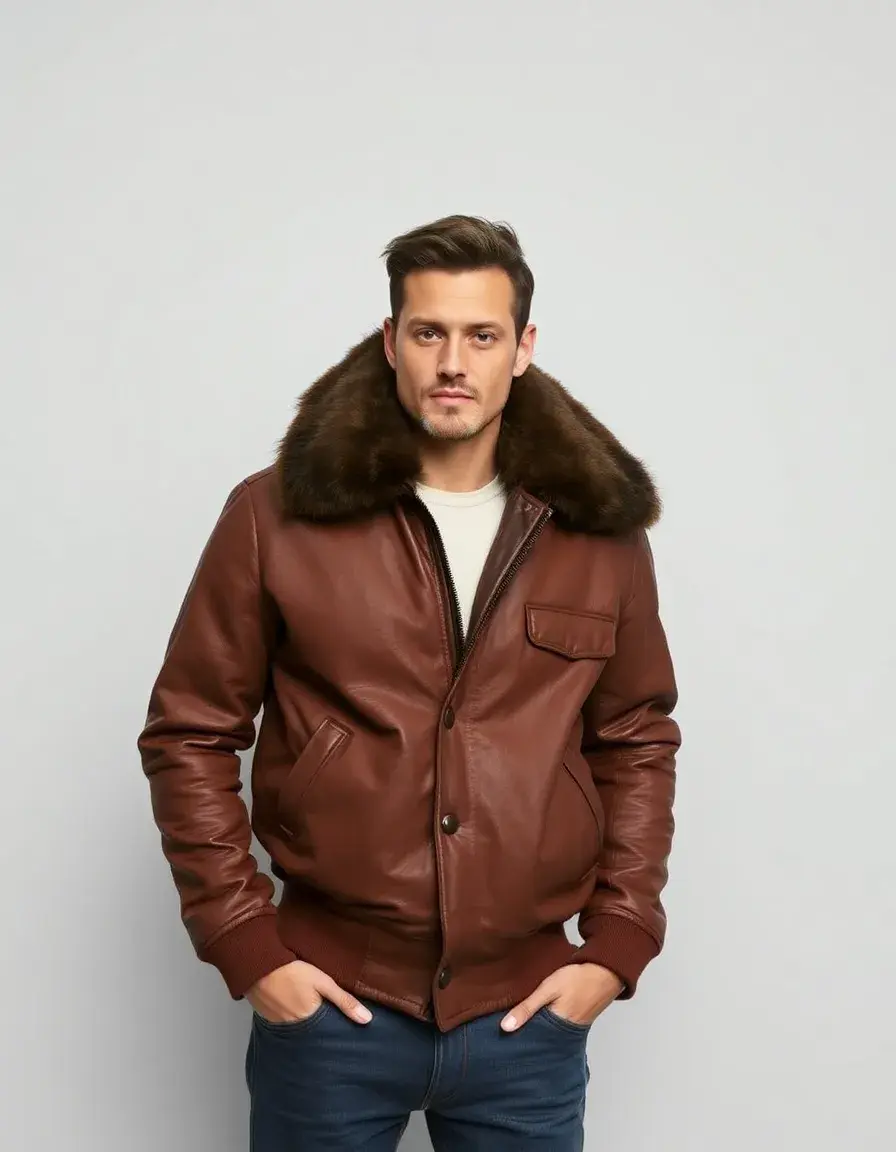 Giacca bomber in pelle marrone stile aviatore con collo di pelliccia