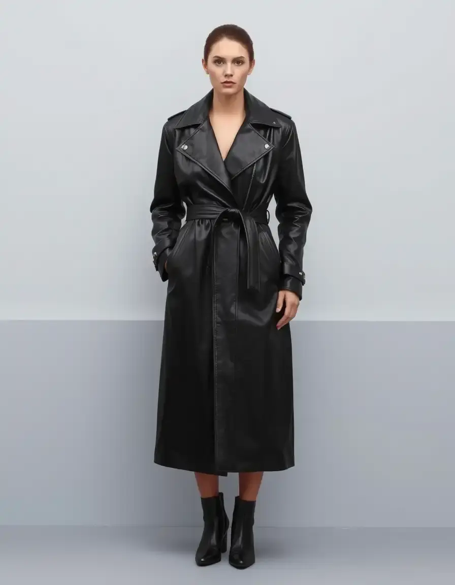 Trench lungo in pelle nera da uomo