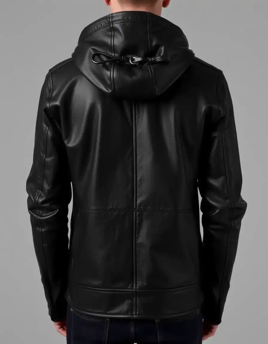Giacca di pelle nera con cappuccio staccabile